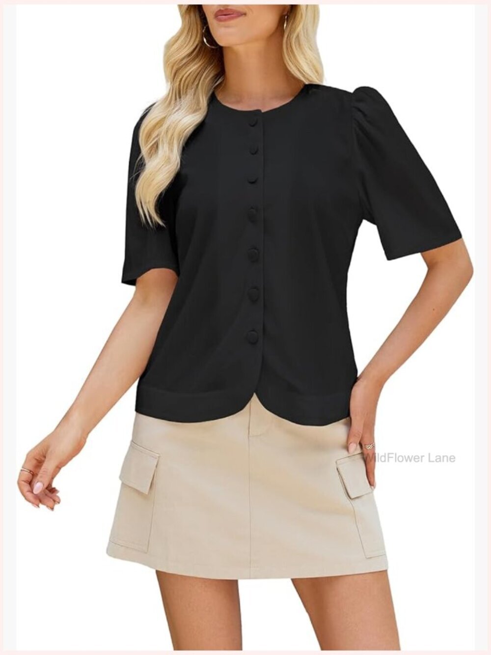 Puff Sleeve Button Down Blouse Dressy Casual Summer Work Shirt